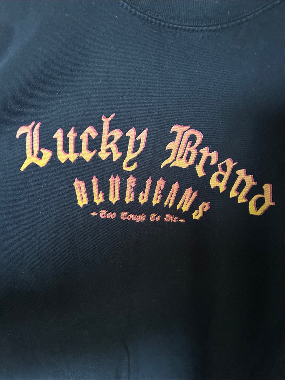 Vintage Lucky Brand Black Tee with Yellow-Orange Gradient Logo - 100% Cotton